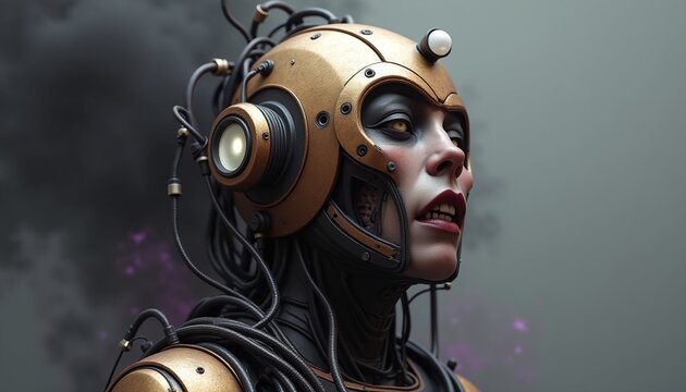 Cybernetic Human with Copper Mechanical Headgear and Intricate Cables