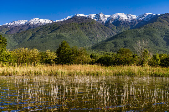 Lake Kerkini in spring, with the snow-capped peaks of the Belles mountain range (also known as Belasica or Kerkini) towering in the background. Greece, Central Macedonia
