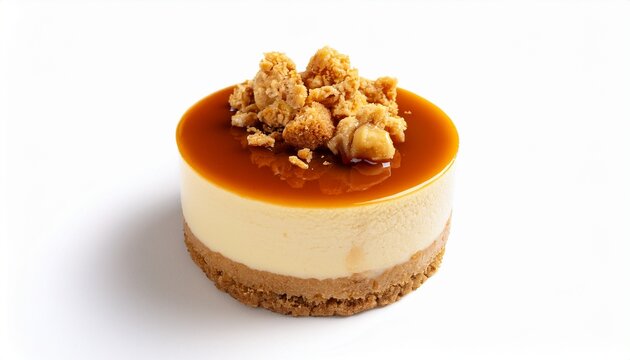 mini caramel cheesecake with crunchy biscuit base and smooth vanilla cream filling topped with golden caramel sauce and cookie crumble isolated on white background