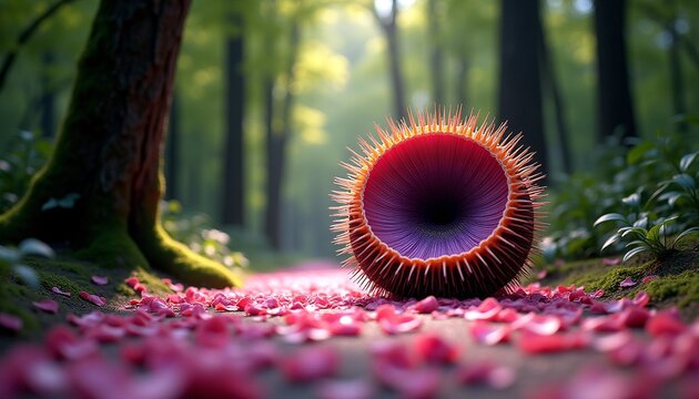 Enchanted Forest Creature with Radiant Spikes Amidst Petal-Strewn Path