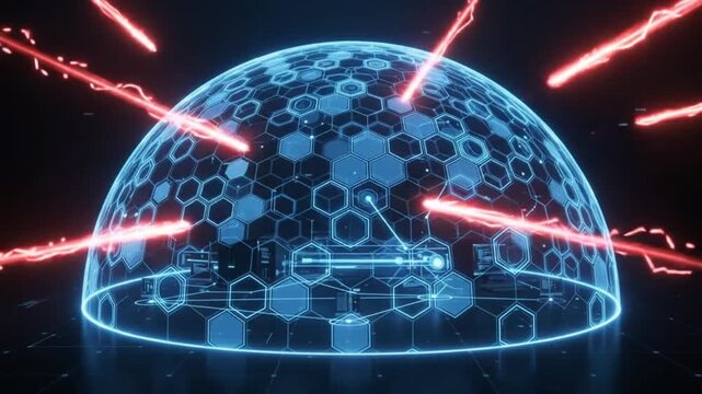 Futuristic cyber security shielding glowing digital data network under protective defensive energy dome attacked by red laser beams in high tech animation