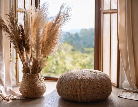 cozy bohemian interior with natural view pouf dried grass and woven basket by the window