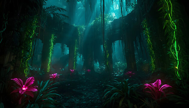 Mystical fantasy jungle interior with bioluminescent glowing flowers and ancient stone pillars fantasy world glowing plants magic forest deep woods bioluminescent enchanted mystical tropical