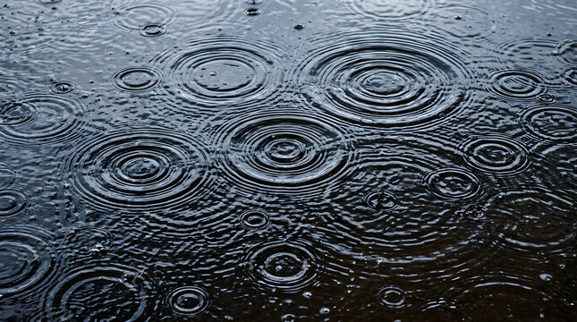Rain ripples forming concentric circles on dark water surface, raindrop impact creating circular water waves, moody rainy weather texture isolated on White Background