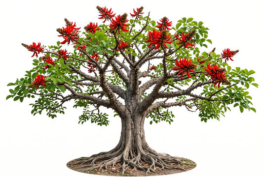 Mature Indian Coral Tree, spreading thorny branches, bright green trifoliate leaves and red coral-like flowers, textured trunk and exposed roots, ultra-realistic 8K, sharp, isolated white,