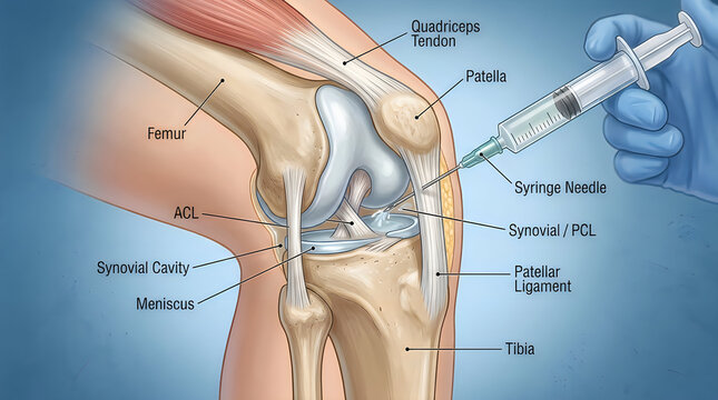 Knee joint injection with syringe needle