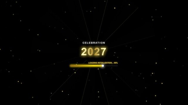 2027 new year celebration loading screen with golden particles and glowing progress bar animation
