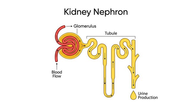 Detailed kidney nephron diagram illustrating glomerulus blood flow and tubule for urine production and waste filtration
