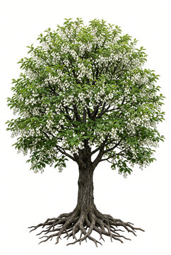 Mature Carolina Silverbell tree, elegant rounded canopy covered with hanging bell-shaped white flowers and fresh green leaves, sturdy trunk and exposed roots, full tree visible,