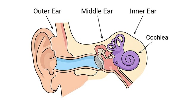 Anatomy of human ear showing outer middle and inner sections with cochlea structure for auditory medical education study