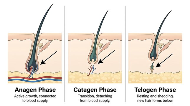 Hair growth cycle phases diagram with anagen catagen and telogen stages showing biological progression of follicles
