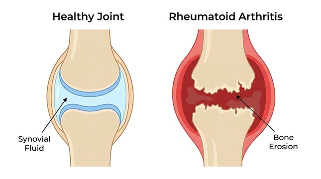 Healthy joint with synovial fluid and rheumatoid arthritis joint bone erosion medical diagram