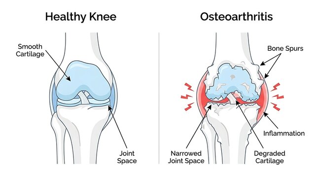 Healthy knee joint with cartilage and joint space versus osteoarthritis with inflammation