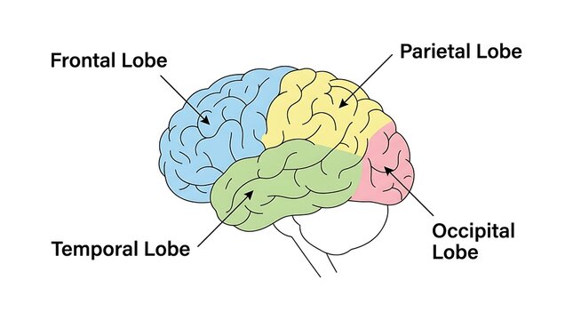 Human brain lobes illustration showing frontal parietal temporal occipital lobes