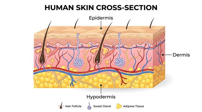 Human skin cross section diagram displaying layers including epidermis dermis and hypodermis with anatomical features