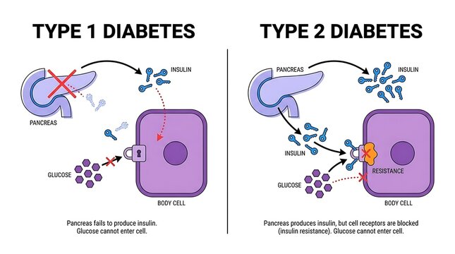 Type 1 and type 2 diabetes cellular comparison chart depicting insulin and glucose interaction in body cells biology