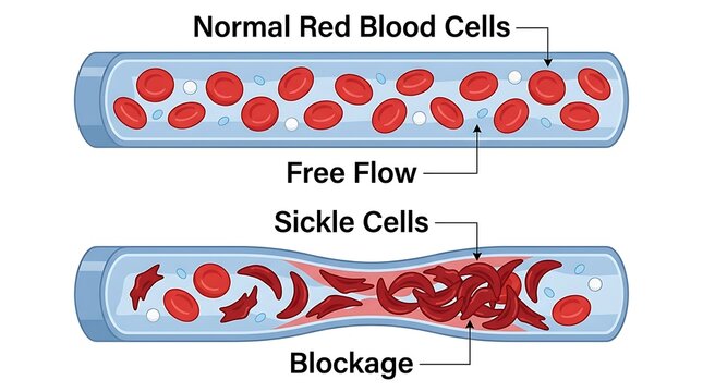 Normal red blood cells in free flow versus sickle cell anemia blood vessel showing blockage and crescent shaped cells