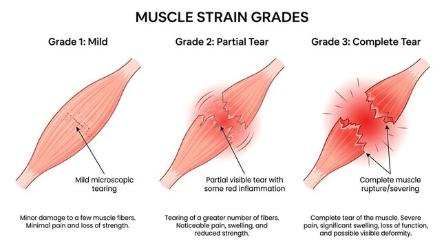 Medical illustration of muscle strain grades depicting mild microscopic tearing to complete rupture with inflammation
