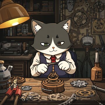 AI-generated whimsical cartoon-style illustration of an anthropomorphic cat watchmaker repairing a tiny mechanical timepiece at a detailed vintage workbench.