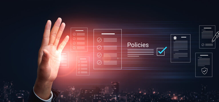 A business professional raises a hand to signify acknowledgment of digital policies, surrounded by illuminated documents and checkmarks illustrating compliance and governance concepts. Cyphers