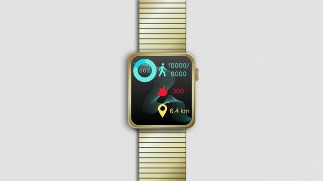 A gold smartwatch displaying fitness tracking data including steps, calories, battery level, and distance on a clean background.