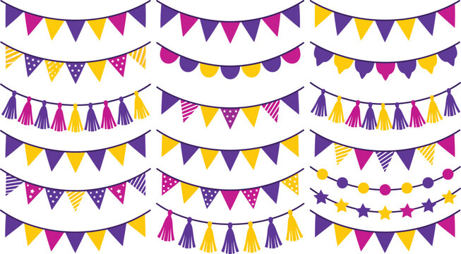 Purple Yellow Bunting Flag Garland Set with Tassels and Stars