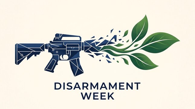 Disarmament Week vector illustration showing automatic weapon disintegrating into green leaves to symbolize peace and environmental restoration