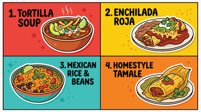 Mexican food menu infographic featuring traditional dishes like soup enchilada rice and tamale