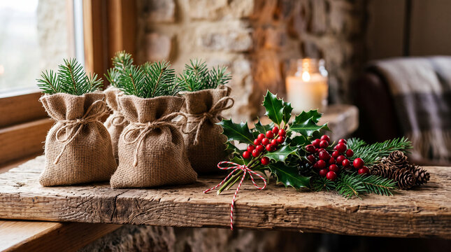 fir needles, wrapped in small burlap sacks on rough-hewn pine wood shelf, next to red berries and holly sprigs