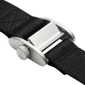 Metal cam buckle with black nylon strap isolated on transparent background