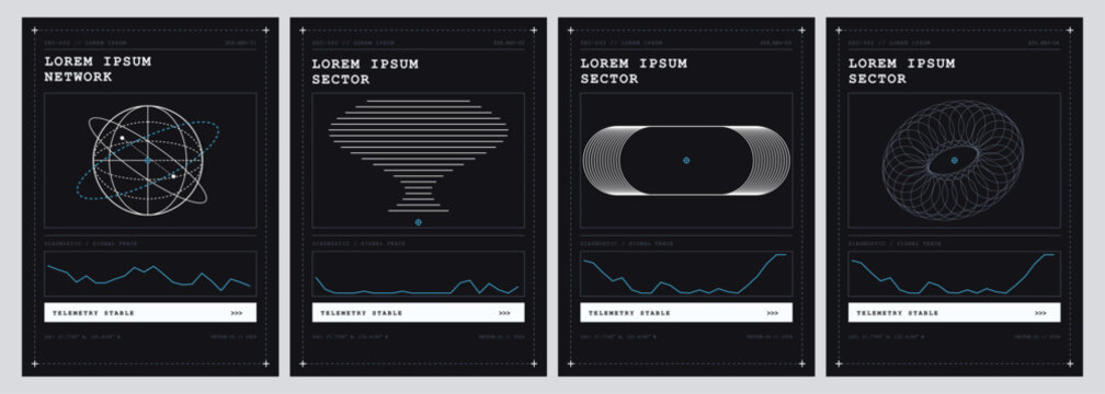 Set of futuristic dark mode UI dashboard posters with telemetry data graphs, geometric wireframes and typography vector illustration