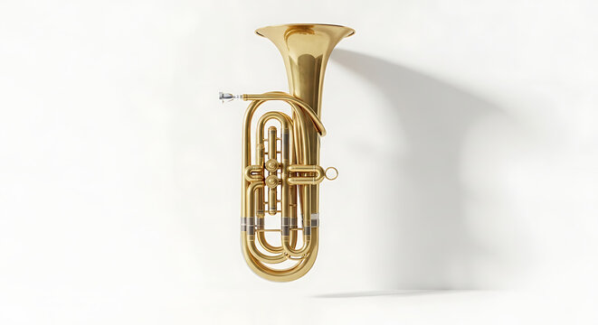 A shiny brass euphonium musical instrument stands upright against a plain white studio background