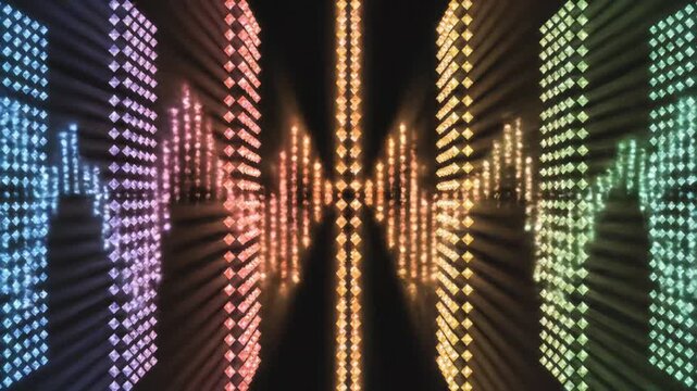 Colorful equalizer bars pulsing with bright glowing light particles in dynamic digital music video motion