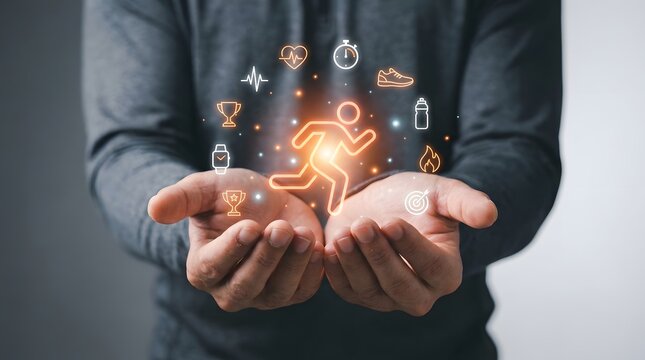 Person holding glowing running figure icon representing fitness and sports training with fitness tracking active lifestyle health monitor digital athlete health data