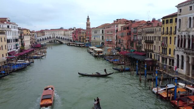 Venice Italy Rialto Gondola Station Canal Boats Aerial Drone 4K