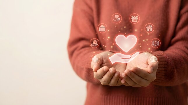 Person holding glowing heart icon representing love and health in their hands with digital technology human hands support sign wellness graphic healthcare concept