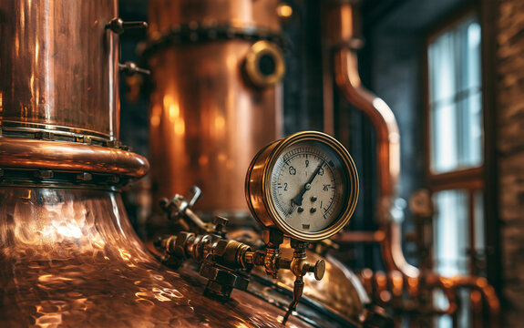 Close up copper brewing tank with gauge