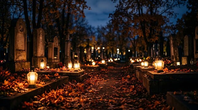 Many glowing candles placed on graves in a cemetery during the evening of all saints day