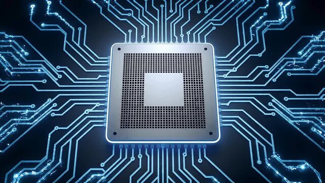 Futuristic processor chip on advanced circuit board, high performance computing and semiconductor technology, glowing digital pathways with modern electronic hardware and data processing animation