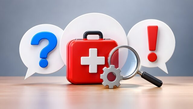 Healthcare Support and Problem Solving Concept with First Aid Kit Gear Magnifying Glass and Punctuation Speech Bubbles