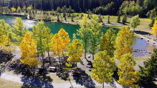 Quarry Lake aerial landscape with autumn yellow trees and majestic Canadian Rockies. Canmore, Alberta, Canada.