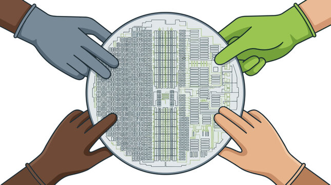 Diverse hands hold silicon wafer illustrating semiconductor manufacturing and GPU production chip and microchip production chain