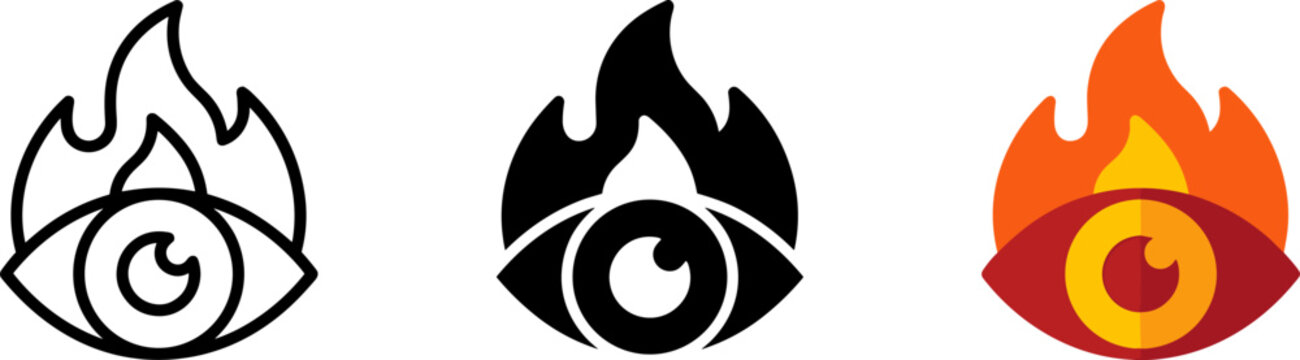 Set of fire eye icons, flaming eye symbols, vector illustration of burning eyes in outline, solid black, and colorful flat design styles