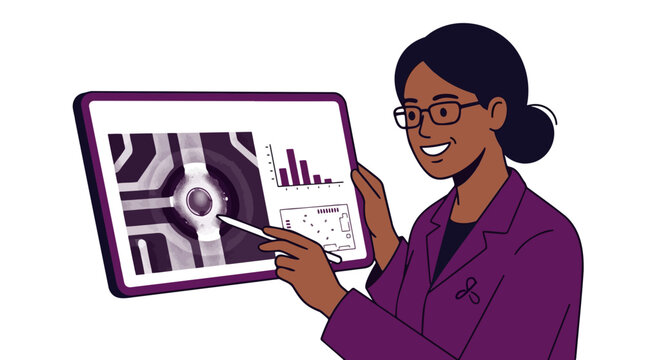 Scientist reviews microchip schematic on tablet computer showing circuit board and data charts chip and microchip production chain