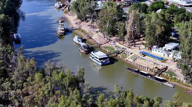 Historic paddle steamer boats on Murray river in Echuca town of Victoria &ndash; aerial view.