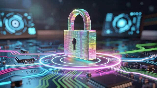 Futuristic cybersecurity padlock on glowing circuit board, digital data protection and online privacy, secure network technology with colorful neon interface animation