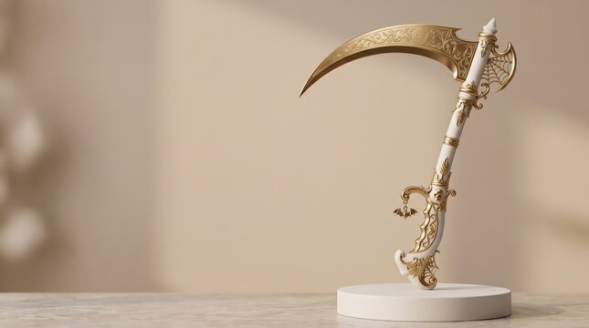 Happy halloween decorative gold and white reaper scythe 31 october with scythe weapon 31 october