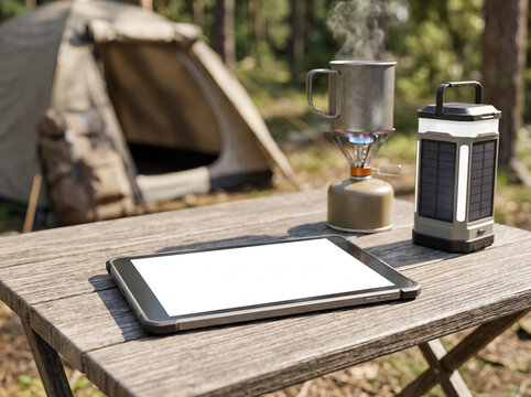 blank tablet screen on a wooden table near a camping tent and stove burner in the forest closeup view of gear on a sunny summer day