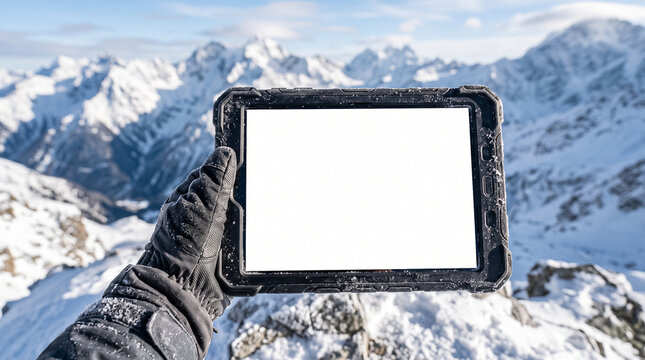 person in gloves holding rugged tablet with white screen against snowy mountain peaks during winter outdoor hiking adventure