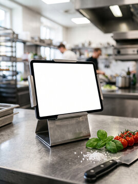 tablet with blank mockup screen on metal stand on restaurant kitchen table next to cherry tomatoes basil salt and knife indoors